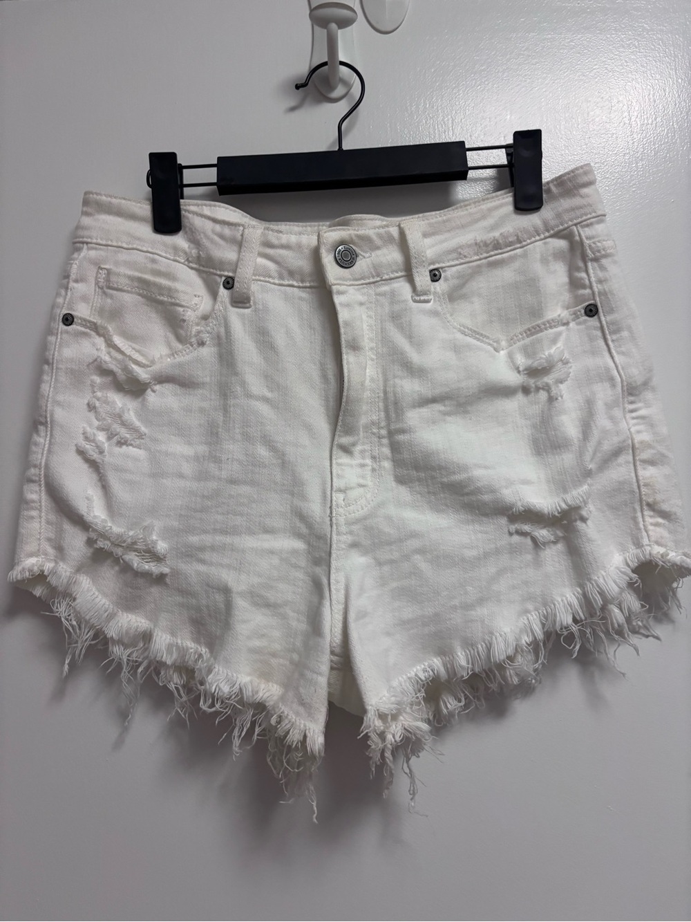 High-Rise White Distressed Denim Shorts